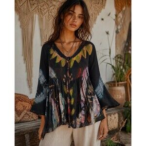 Sacred Threads NWT Unique Colorful Crinkled Empire Boho‎ Tunic Top Shirt O/S M